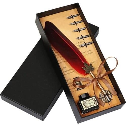 Calligraphy Feather Pen 10 Colors Elegant Feather Quill Pen with Ink Bottle Gift
