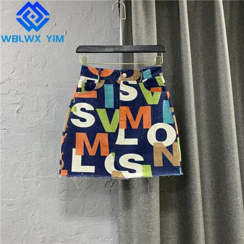 High Waist Short Denim Skirt Women Fashion Letter Print A-Line Mini Skirt Female Spring Summer Loose Casual Jeans Skirts 2021