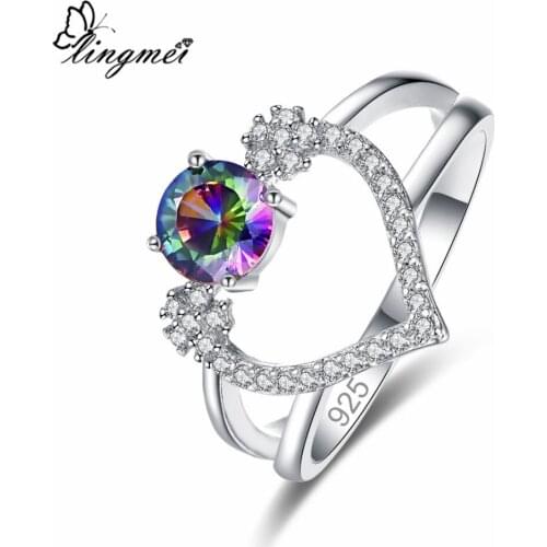 Lingmei New Arrivals Fashion Engagement Heart Round MultiRedWhite Zircon Silver Color Ring Size 6-9 Lover Style