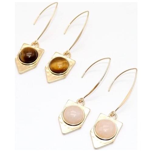 2017 new round pink natural stone simple long earrings triangle copper ear hook drop earrings for women