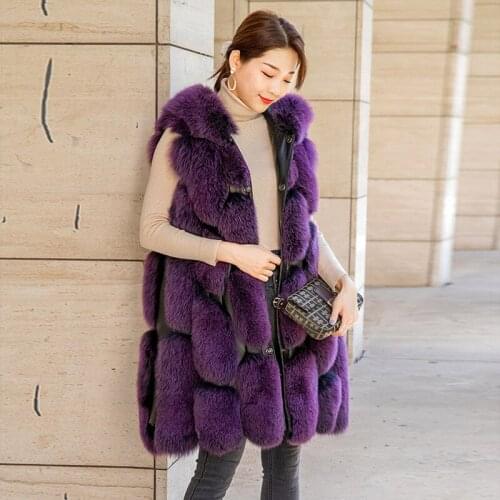 FURSARCAR 2020 New 90cm Long Winter Womens Fur Coat Fashion Vest Whole Skin Natural Fox Fur Waistcoat Genuine Jacket With Hood