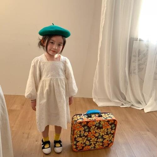 2021 Spring New Girls Dress Square Collar Lace Dress Puff Sleeve Kids Clothes