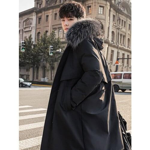 New Mens Winter Long Parkas Coat Hooded Fur Collar Solid Color Thick Warm Black Gray Green N13
