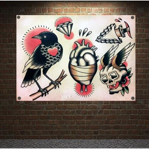 Old school Tattoo Art Print Posters Banners Wall Chart Senior Art Waterproof Cloth Tapestry Flag Home Decor Upholstery Sticker