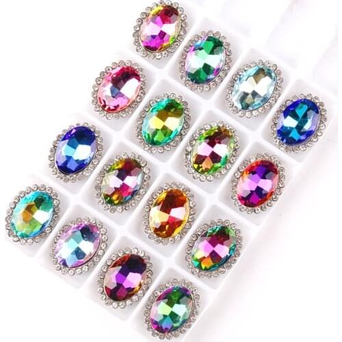Rainbow glass crystal with rhinestones Oval shape in Silver claw settings 10*14mm Sew on rhinestone wedding dress diy trimming