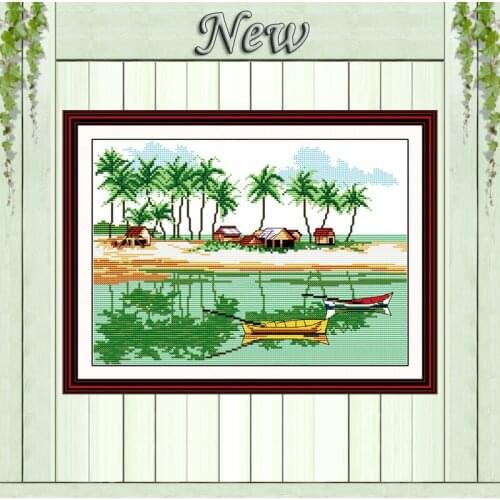 Family on little boat seaside Counted printed on fabric Cross Stitch Needlework kits DMC 14CT 11CT DIY Embroidery Sets paintings