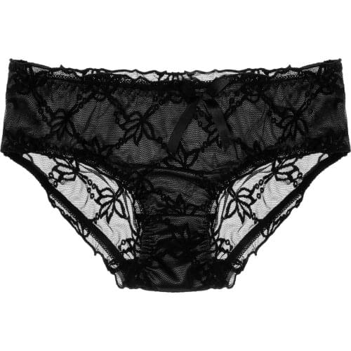 Men See-through Lace Briefs Low Rise Panties Lace Patchwork Undershorts Gay Underwear Bowknot Elastic Waistband Sissy Underpants