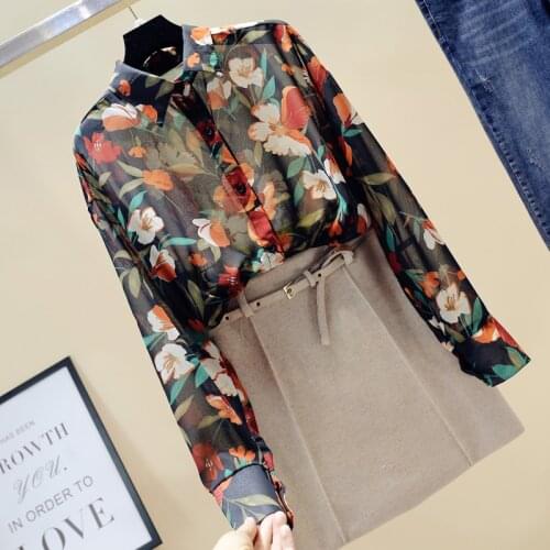 Spring Summer Womens Flowers Chiffon Shirt Thin Large Size Printed Chiffon Shirt Wild Long-sleeved Sunscreen Shirt Women GD443