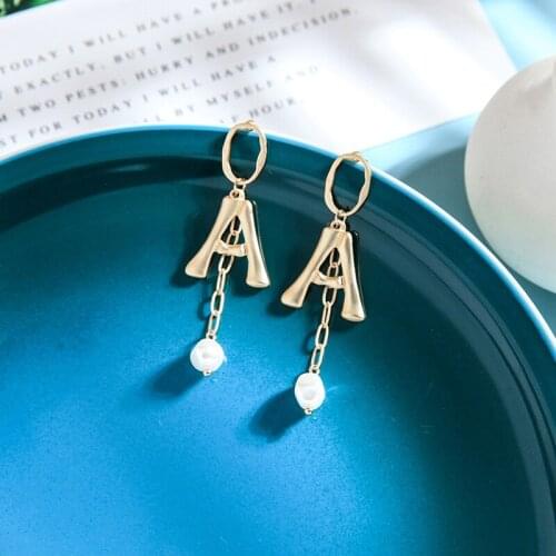 Ins Style Gold Color Alphabet letter A Shaped Dangle Imitation Pearl Hypoallergenic Link Chain Drop Earrings For Women 2020 New