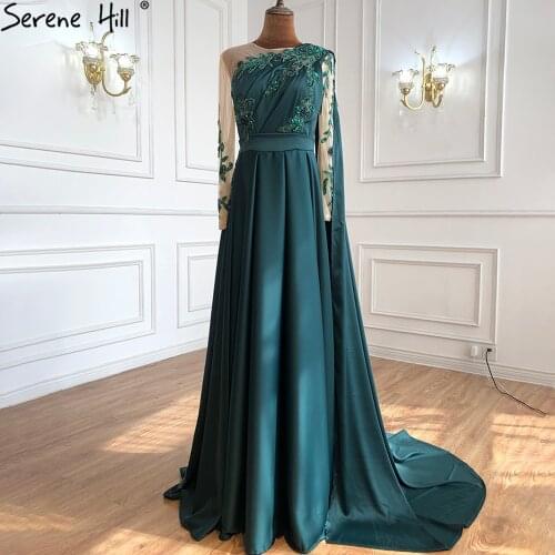 Serene Hill Dubai Green O-Neck Beaded Muslim Evening Gown For Women 2021 A-Line Satin Long Sleeves Formal Party Dress CLA70505