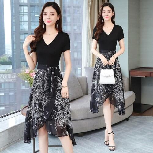 2021 Elegant Black Print Chiffon Midi Dresses Spring Summer New Plus Size Vintage Runway Short Dress Women Bodycon Party Vestido