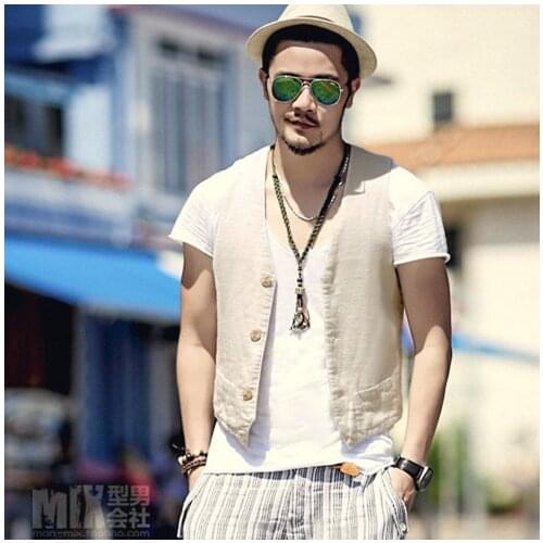 Men Linen Vest V-neck Single Breasted Slim Fit Sleeveless Outwear Waistcoat Summer
