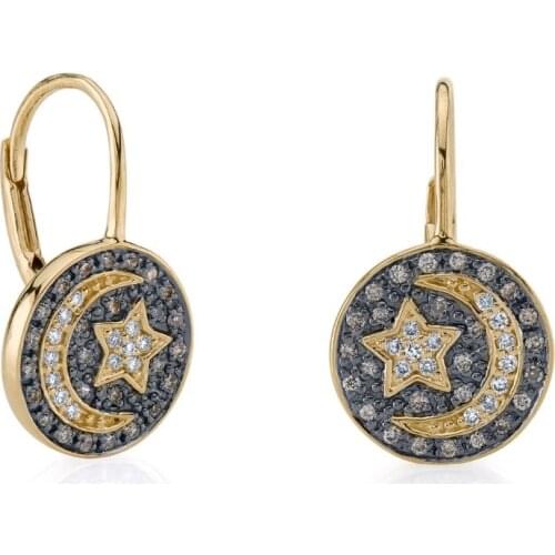 Gold filled micro pave cz engraved moon star round coin charm Clip Hoops classic modern girl women fashion earring