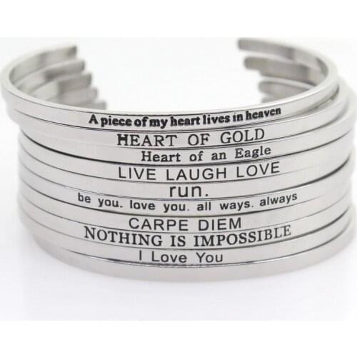 10pcs Mix Random Style 5 Stainless Steel Engraved Positive Inspirational Quote Hand Cuff Bracelet Mantra Bangle women bangles