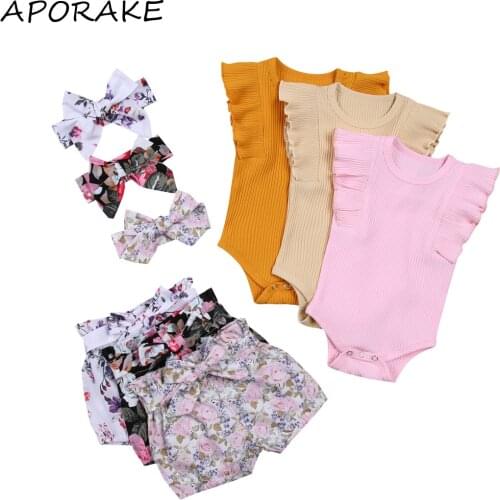 2021 0-24M Summer Infant Baby Girl Clothes Knitted Solid Color Sleeveless Ruffle Romper Top+Floral Shorts+Headband 3pcs Outfits