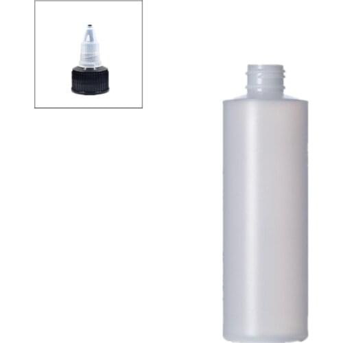250ml empty plastic Squeeze soft bottle , natural-colored HDPE cylinder round with black Twist Top Caps, pointed mouth top cap