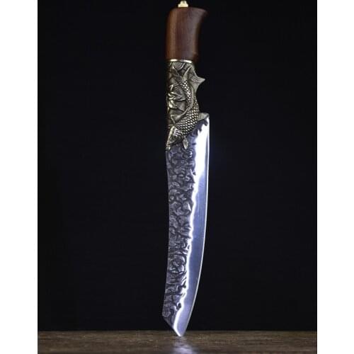8.3 Inch Handmade Viking Knife 7Cr17MoV High Carbon Steel Hunting Machete Sharp Cleaver Kitchen Knives Copper Fish Decor Handle