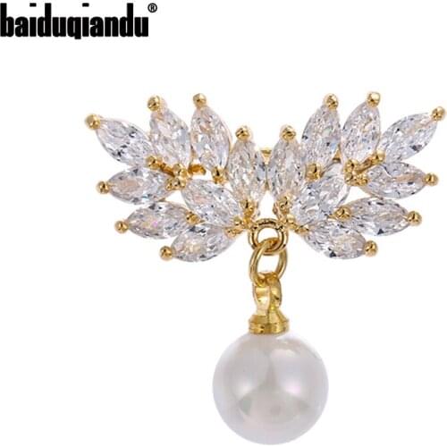 Baiduqiandu Women Cubic Zirconia Leaf Plant Brooches Pins With Pearl Pendant Gold Silver 2-color Luxury Jewelry