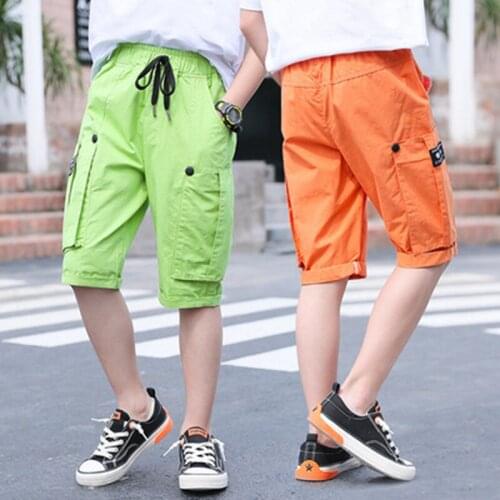 New Summer Shorts Children Wear Knee Length Pants for Boy Elastic Solid Cotton 6 12 14 Years Teenager Loose Casual Cargo Pants