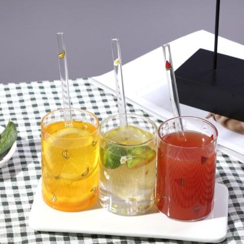 Mother And Kids Cup With Straws Girl Heart fruit pattern High Borosilicate Pyrex Milk Juice Water Glass