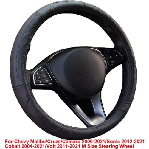 Cow True Leather Car Steering Wheel Cover For Chevy Malibu Cruze Camaro 2000-2021 Sonic 12-21 Cobalt 04-21 M Size Steering Wheel