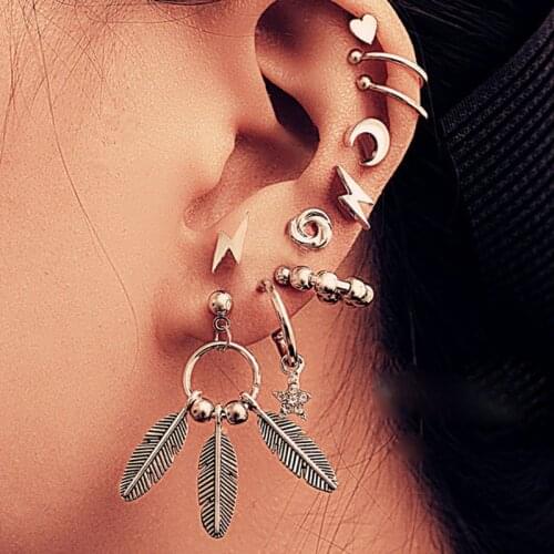 European and American creative personality jewelry with lightning feather earrings set 10-piece set of ear clips for female