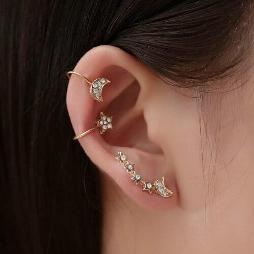 Clip Earrings Full Zircon Star Moon Earrings For Women Earless Hole Earing Gold Color Earings Jewelry Kolczyki Pendientes Brinco