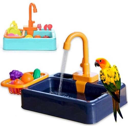 Bird Feeder Pet Pool Automatic Bird Bathing Tub with Faucet Food Container Bird Accessory for Pet Parrots