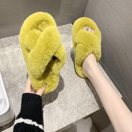 Fashion Winter Shoes for Women Cross Furry Slippers Flat Soft Comfortable Indoor Slippers Solid Colors Warm Fur Slippers Amazing
