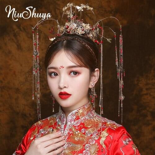 NiuShuya Luxury Traditional Chinese Bridal Headdress Beaded Ancient Gold Long Tassels Hairwear Wedding Jewelry Hair Accessories