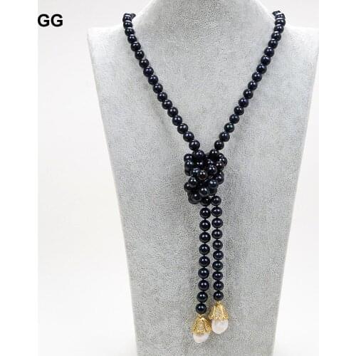 JK 44" 20mm Natural White Keshi Pearl Black Round Pearl Necklace For Women
