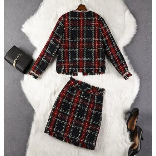 Tweed Women Suit Plaid Jacket Coat Tops Mini Skirt Elegant Slim Office Lady Two Piece Sets 2020 Autumn Winter Clothes Plus Size