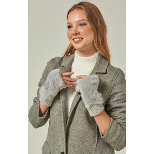 11032 furry Gray Woolen Cutout Gloves