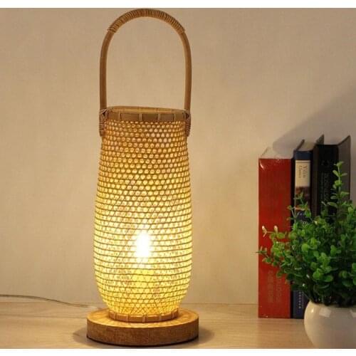 Handmade Bamboo Wicker Rattan Basket Shade Table Lamp Fixture Asian Japanese Desk Light Abajour Night Stand Bedroom Bedside Bulb