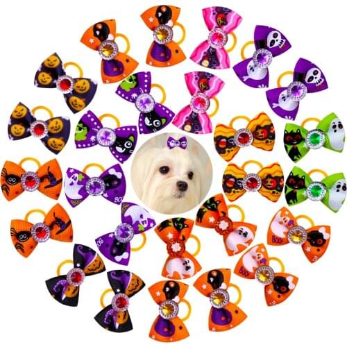 20pcs Dog Hair Bows Halloween Pet Supplies Small Dog Cat Bows Handmade Cute Dog Hair Accessories Rubber Bands Pet Product