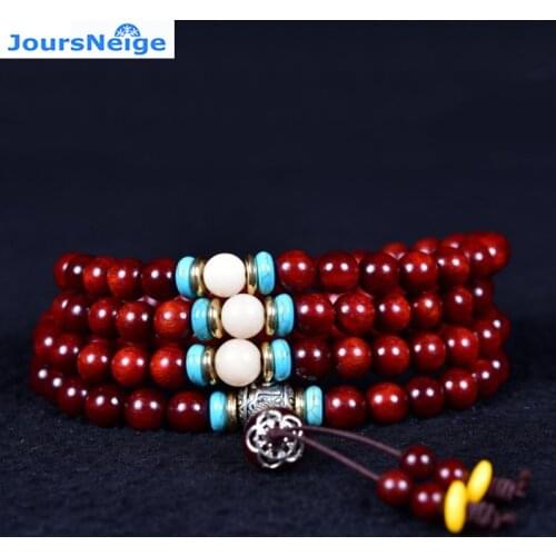 JoursNeige Africa Lobular Red Sandalwood Bracelet 108 Beads Size 8mm Round Wood Bracelets Tibetan Silver Three Links Jewelry