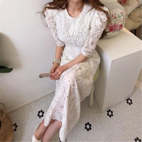Alien Kitty Korean Lace Hook Flowers Sweet Chic 2020 High Waist Elegance Hollow Out Plus Size Hot Women Gentle New Long Dresses