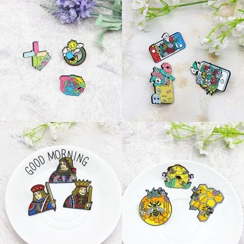 Windmill house Rainbow sailing sun flower Ladybug Enamel Brooch Bee honeycomb insect Lapel Pin poker JQK Nintendo gamepad badge