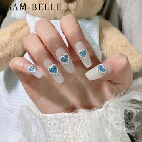 GAM-BELLE 3D Blue Heart Pattern Fake Nails Long Ballerina Full Cover Fingernails Tips DIY False Press On Nails Manicure Tool
