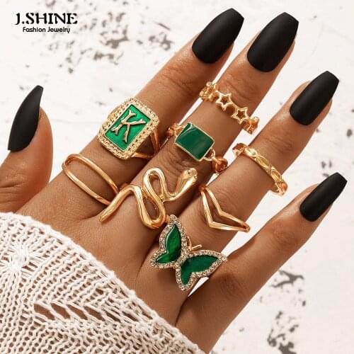 JShine 8pcs/sets Luxury Green Crystal Butterfly Gold Color Ring for Women Men Green Enamel Snake Cross Star Wedding Jewelry