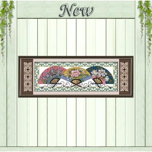 Three fans' picture decor paintings counted printed on canvas DMC 11CT 14CT Chinese Cross Stitch kits embroidery needlework Sets