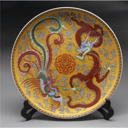 Chinese Rose Porcelain painted Dragon and phoenix Plate