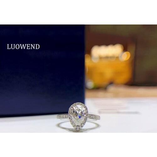 LUOWEND 100% Real 18K White Gold (AU750) Engagement Ring Classic Halo Pear Cut Natural Diamond Ring for Women Wedding