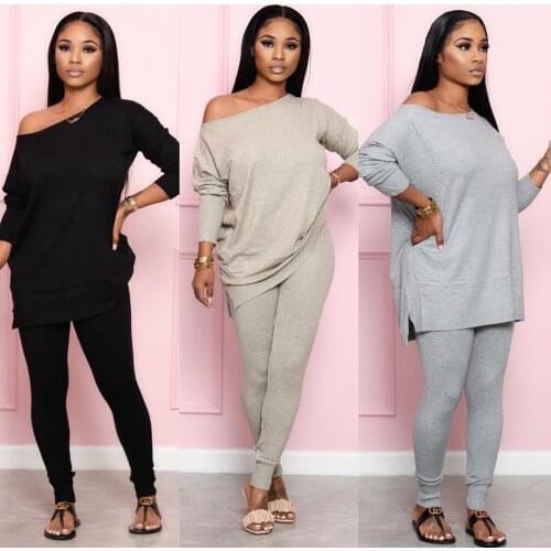 Prowow Casual Women Clothing Set Loose Batwing Sleeve Shirts Pencil Pant Two Piece Suits for Lady Solid Color Streetwear Outfits