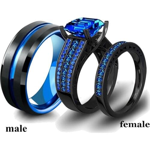 Fashion Jewelry Couple Rings Womens Blue Zircon Engagement Ring Sets Mens Blue Stainless Steel Ring Wedding Band Jewelry Gift