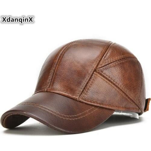 XdanqinX Cowhide Leather Hat Genuine Leather Cap Mens Warm Baseball Cap Men Fashion Brands Hats Adjustable Size Earmuffs Caps