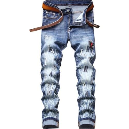 Mens Letters Embroidery Printed Denim Jeans Streetwear Slim Straight Stretch Pants Blue Trousers
