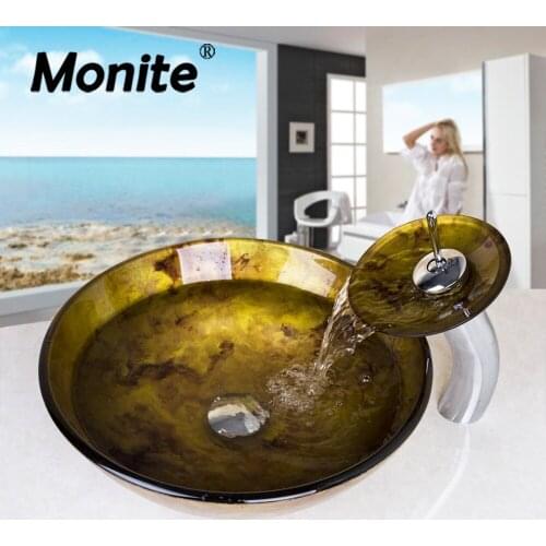 Monite Round Bathroom Washbasin Faucets Classic Glass Tempered Glass Vessel Sink W/ Waterfall Chrome Faucet Set