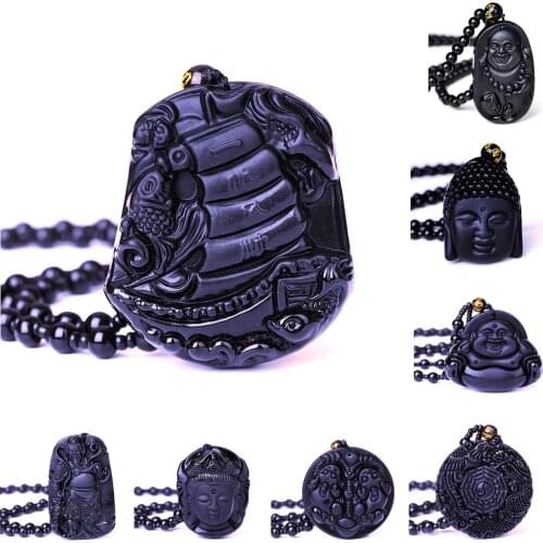 Natural Black Obsidian Hand Carved Chinese Auspicious Lucky Amulet Pendant Free Necklace Fashion Fine Jewelry For Men Women New