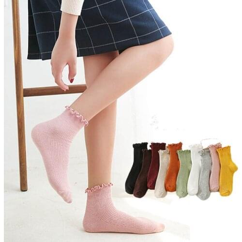 Candy High Quality Lace Solid Color Cute Sweet Girl Fashion Socks Pure Cotton Wood Ear Light Mouth Cotton Womens Socks